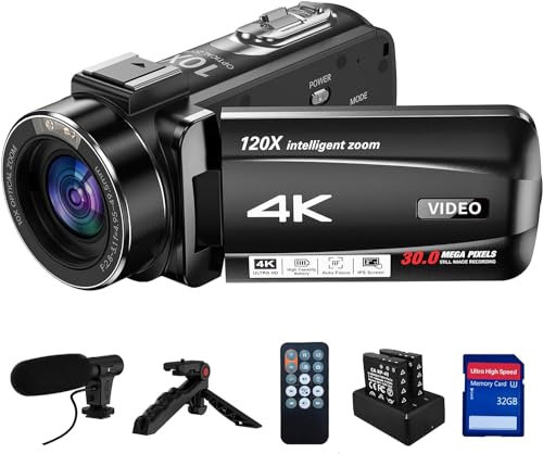 Videokamera 4K Camcorder, 10X Optischer Zoom, 120X Intelligenter Zoom 30MP 24FPS, Autofokus Vlogging Kamera, 3,0-Zoll-IPS Touchscreen Webcam Camera mit Mikrofon, Stativ, Fernbedienung, 32GB SD Karte