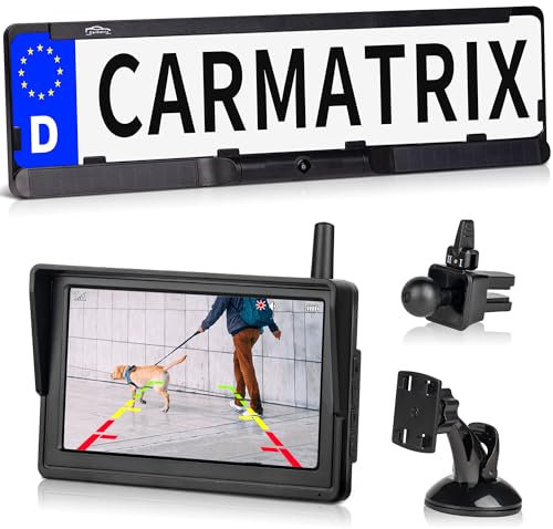 CARMATRIX Solar Funk Auto Rückfahrsystem HD Rückfahrkamera im Nummernschild mit 5 IPS Monitor Vorne o. Hinten Digital zum Nachrüsten ohne Bohren, Einparkhilfe Kennzeichenhalter kabellos (Solar 4)