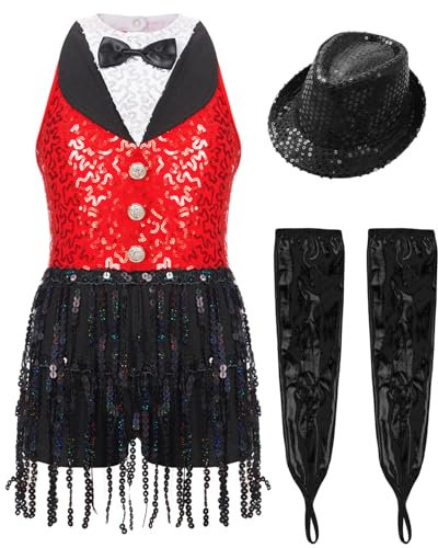 Loodgao Mädchen Pailletten Tanzkleider mit Fransen Metallic Lange Handschuhe und Mütze Neckholder Oberteil mit Anzug Hemd Weste Fliege Modern Jazz Outfits Rot schwarz 158-164