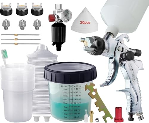 HVLP Lackierpistole Druckluft Spritzpistole Sprühpistole 3 Düsen 1,4 mm, 1,7 mm, 2,0 mm Farbsprühsystem Mit Einweg Mischbecher Enthalten 10 Stück 600ML Deckel und Innenbecher Druckregler Kit (Schwarz)