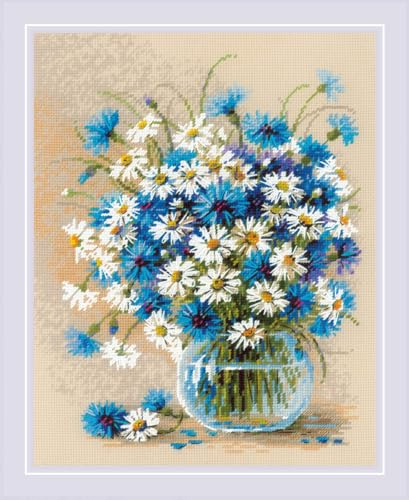 Riolis Kreuzstich Stickpackung Gänseblümchen und Kornblumen, Zählmuster, 24x30cm