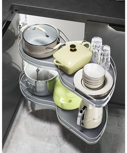 WABMJGW Karussell Eckschrank Küchenauszug, Ausziehbare Eckschrank Beschlag,2 Etagen Swing Tray mit Anti-Rutsch-Matte,Eckwürzkorb für 900 mm-Schrank,Verstellbar und geräuscharm,Grey-Right
