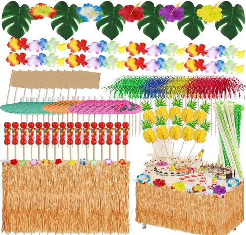 199 Stück Hawaii Party Dekoration Set, Tropische Party Dekoration Set, Hawaii Luau Tischröcke, Hawaii Deko, Banner, Blüten, Künstliche Palmenblätte für Hawaii Party Deko Beach Tropischen Garten Party