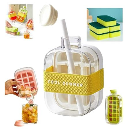 Ice Cube Bottle with Straw，No-Touch Smart Ice Water Bottle, 800ml Ice Cube Water Bottle with Straw - 2-in-1 Freezer Tray and Drinks Container, Hygienic One Touch Ice Dispenser for Whisky/Coffee/Juice(