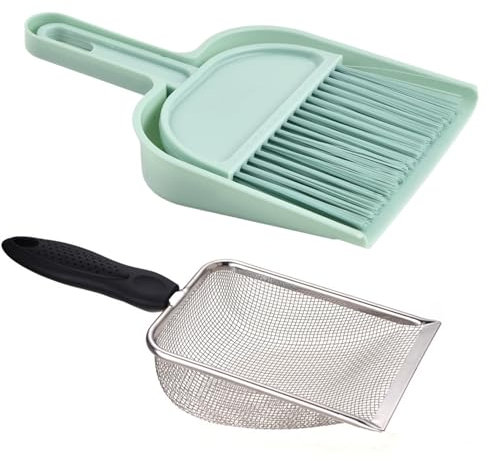 Culinavog Pelle à Litière pour Chat, Tamis à Sable en Acier Inoxydable avec Pelle en Plastique et Ensemble de Brosses, Chat Litière Pelle avec Manche, pour Chats, Hamsters, Oiseaux, Reptiles