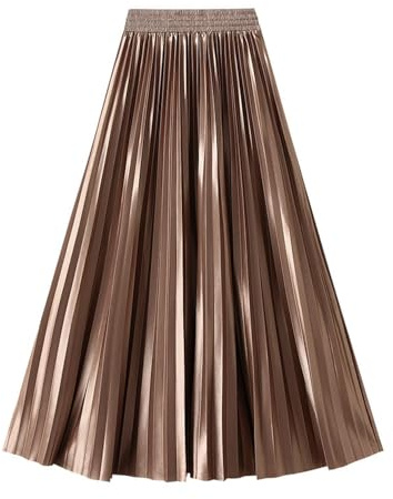 Damen Plissee Midi Röcke Hohe Elastische Taille A-Linie Rock Trendig Fließend für Strandurlaub Cocktailparty