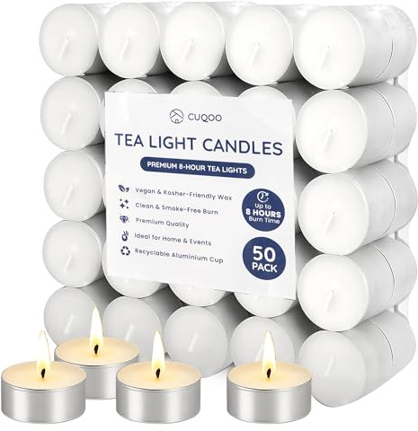 CUQOO Tea Lights Candles 50 Pack | 8 Hour Burn Unscented Tealights White | SMOKELESS WAX BURNER: long lasting · t lights · vegan · cotton wick · wedding decor · spa · religious