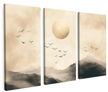 MuchoWow© Leinwand Set 3-Teilig Wohnzimmer Deko Modern Wandbild Kunstdruck | 60x40 cm - auf Bild Schlafzimmer über Bett Room Decor Landschaft - Japandi - Beige - Vögel