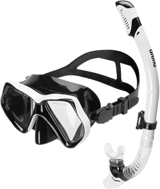 Arena Ensemble Masque et Tuba pour Adultes, Masque Snorkeling Unisexe pour la Mer, Tuba Snorkeling avec Technologie Anti-Infiltration, Tube Flexible avec Soupape de Purge, Silicone Hypoallergénique