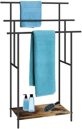 Relaxdays Handtuchständer mit Ablage, HBT: 100x68x30 cm, Industrial, 3 Stangen, Handtuchhalter stehend, braun/schwarz