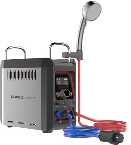 CAMPLUX Nano 3 Pro - Chauffe-Eau Portable à Gaz, Eau Chaude Instantanée, avec Batterie Intégrée et Pompe 12V, Compact pour Camping & Vanlife