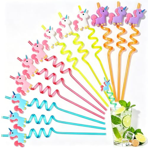 Unicorn Curly Hard Straws,12PCS Unicorn Reusable Drinking Straws Washable Twisty Plastic Novelty Straw Cartoon Curly Straw Birthday Party Decorations for Family Gatherings,Smoothies and Juices