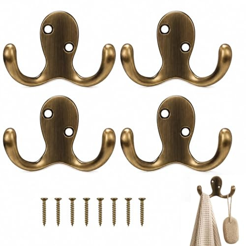 Set of 4 Brass Hooks – Antique Brass Coat Hooks for Door and Wall, Heavy Duty Metal Hooks with 8 Screws, Space Saving Gold Coat Hooks for Bathroom, Bedroom, Office