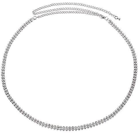 Trimming Shop Metallo Catena Cintura per Donne Ragazze con Strass Brillantini Borchiato e Chiusura Gancio Fermaglio - Argento, 2 Rows