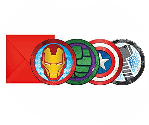 Procos 87970 - Einladungen Mighty Avengers, 6 Stück mit Umschlag, Größe 12 x 12 cm, Kinder-Geburtstag, Mottoparty, Karneval