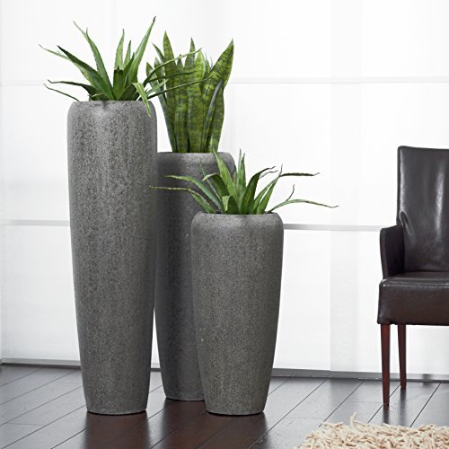 Moderne & Hochwertige Pflanzvase/Pflanzkübel – Klein: 75cm - Steinoptik Grau - Fiberglas - Mit Einsatz – Indoor & Outdoor – Wetterbeständig & Frostsicher