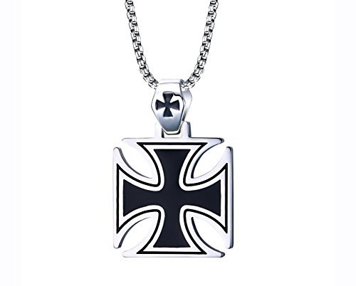XUANPAI Stainless Steel Black Maltese Cross Jesus Pendant Necklace Catholic Christian Easter Prayer Jewellery for Men Boy Round Box Chain