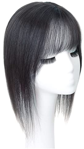 Middle Part Silk Part Base Human Hair Topper 7x10cm Forehead Straight Clip in Hairpiece with Wispy Fringe 30cm Black