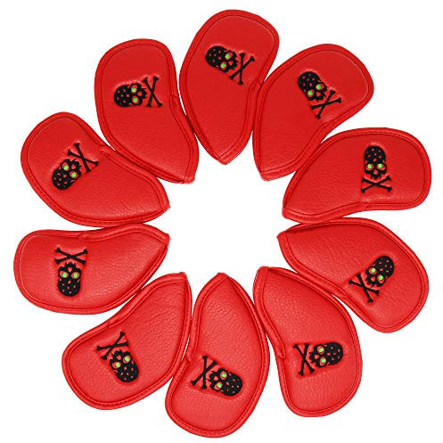 MamimamiH Golf 10pcs Red Skull Thick Pu Synthetic Leather Golf Iron Head Covers Set Headcover Skull Fit All Brands Titleist, Callaway, Ping, Taylormade, Cobra, Nike, Etc.