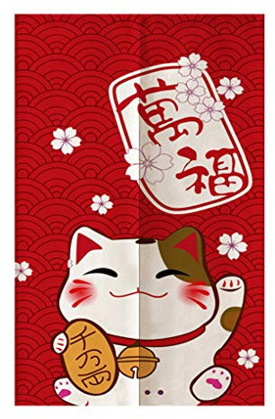 TJ Global Japanischer Noren-Türvorhang, Wandteppich für Zuhause oder Restaurant, 85,1 x 149,9 cm, rote Glückskatze