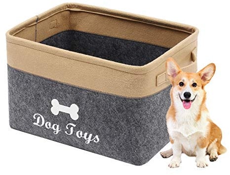 Geyecete Dog Toys Box Storage Bins Basket-Pet Toy and Accessory Storage Bin,Foldable felt Organizer Storage Basket for Pet Toys,Blankets-Gray/Khaki