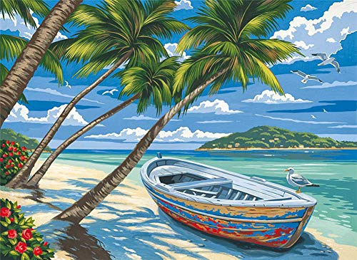ABEUTY Peinture par numéros Plage Bord de mer Cocotier Bateau Arbre Plante 40x50cm DIY Peinture par numéros Kits (Plage, Encadrement en Bois)