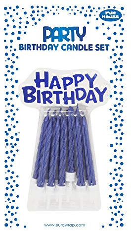 Eurowrap 26571-BC - Un Lot De 12 Bougies D'Anniversaire + 12 Porte-Bougies + Un support Happy Birthday- Couleur : Bleu - Bougies D'anniversaire, Anniversaire, Happy Birthday