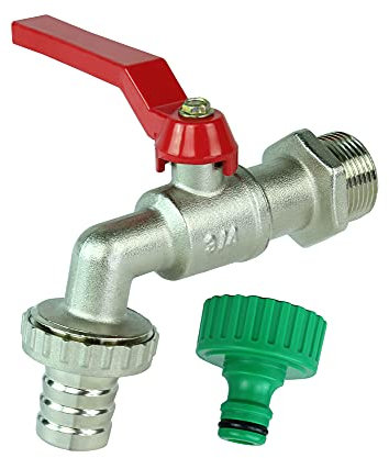GASMIS Auslaufhahn 1/2 Zoll AG - Made in Italy - Wasserhahn aus Messing vernickelt für Innen und Außen, Inkl Schlauchanschluss und Hahnanschlussstück, Kugelauslaufhahn 3/4 Abgang, Rot, 1 Stück