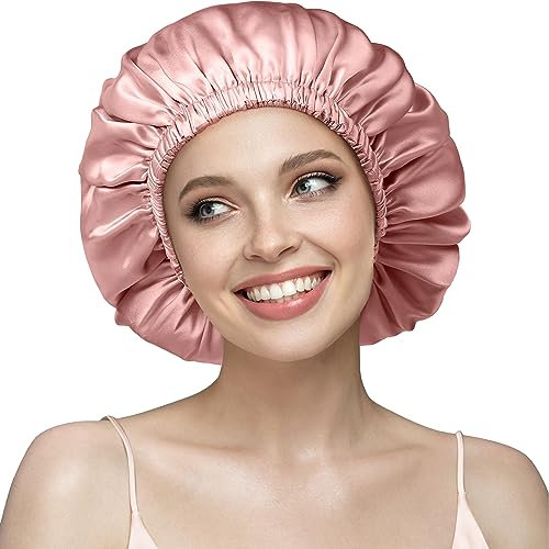Umisleep Bonnet de Nuit en Soie 22 Momme - 100% Soie de mûrier - Double Bonnet en Soie pour Cheveux bouclés - Respirant et Ajustable - Élastique de Fixation(Rose)