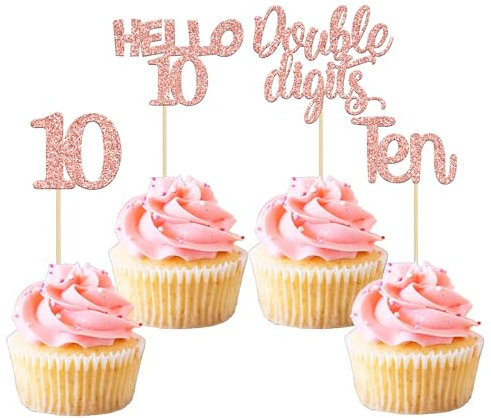 Gyufise 24Pcs Rose Gold Glitter 10th Birthday Cupcake Toppers Double Digits Cupcake Toppers Hello 10 Ten Cupcake Picks for 10th Birthday Party Cake Decorations Supplies