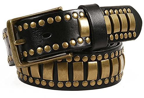 YDYBY Damenmodegürtel aus Leder, Retro-Nietengürtel für Damen, Unisex-Ledergürtel Punk Gürtel Gothic Modisch Studded Belt Jeansgürtel Kleid Belt Gold gewölbt Nietengürtel,Schwarz,125cm