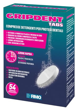 Gripdent Tabs 54 - Tabletas desinfectantes - Desinfecta y blanquea dentaduras postizas, mordedores, protectores bucales, aparatos de ortodoncia y dispositivos para la apnea del sueño.