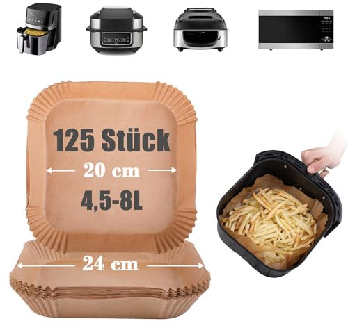 GOAUS Backpapier für Heißluftfritteuse 4,5 bis 8L, Airfryer Backpapier Schalen 20-24 cm, 125 Stück Air Fryer Baking Paper Zubehör Papier für Ninja, Cosori, Tefal, Philips, XL XXL und mehr