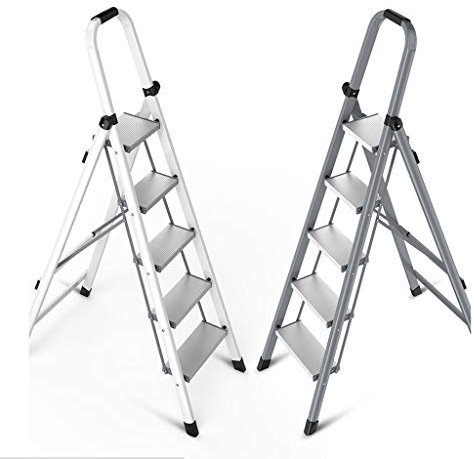 BALAMI Leitern Aluminiumlegierung Leiter Haushalt Klappbare Fischgrätenleiter Verdickung Indoor Multifunktionale Treppe Dreistufige Leiter Kleine Rolltreppe Trittleiter/Weiß/5 Schritte Praktisch