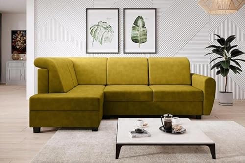MODERNO Milo Ecksofa mit Schlaffunktion Sofa Couch L-Form mit Geformten Kissen Schlafsofa mit Bettkasten Wohnlandschaft Schlafcouch Moderne Wohnzimmermöbel Eckcouch Links Gelb