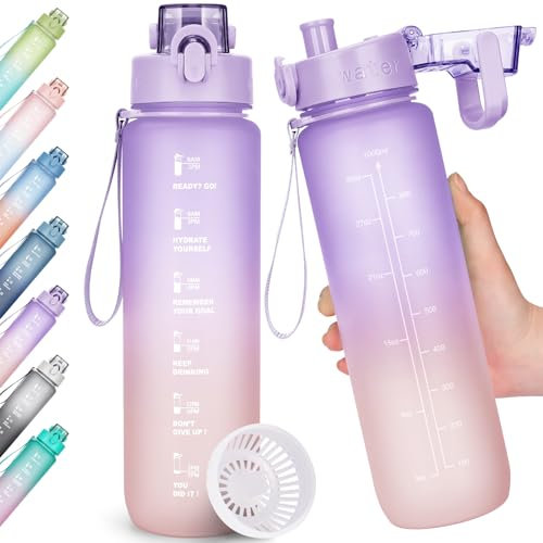 AOHAN Trinkflasche, 1l Wasserflasche BPA-Frei, Trinkflasche Sport Auslaufsicher, Sportflasche mit Zeitmarkierung für Fitness, Büro, Schule, Yoga, Outdoor
