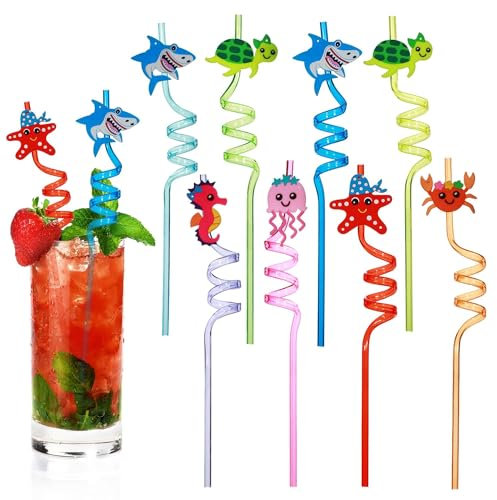 Lot de 8 pailles réutilisables en plastique pour enfants, pailles bouclées, pour fête d'enfants, animaux marins, décorations de fête d'anniversaire, accessoires de fête