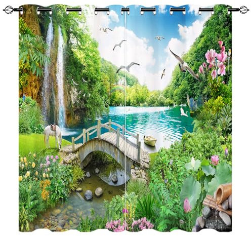 YUANZU Tropischer Blick Vorhänge Wasserfall See Vogel Weißes Pferd Brücke Ösen Gardinen mit Blickdichte Vorhang Blackout Curtain Wohnzimmer Schlafzimmer Verdunkelung Fenster, 2 Stück, H 160 x B 132 cm
