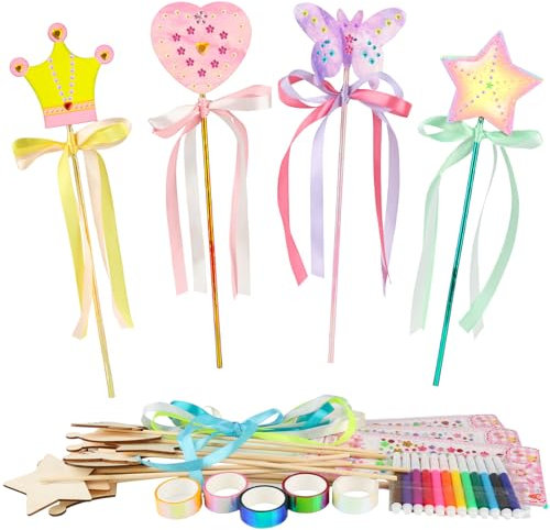 ZEFAN Lot de 14 baguettes magiques en bois avec 3 autocollants, 5 rouleaux de ruban adhésif, 12 crayons aquarelle, 14 rubans, baguette magique à paillettes pour bricolage, cadeaux d'anniversaire