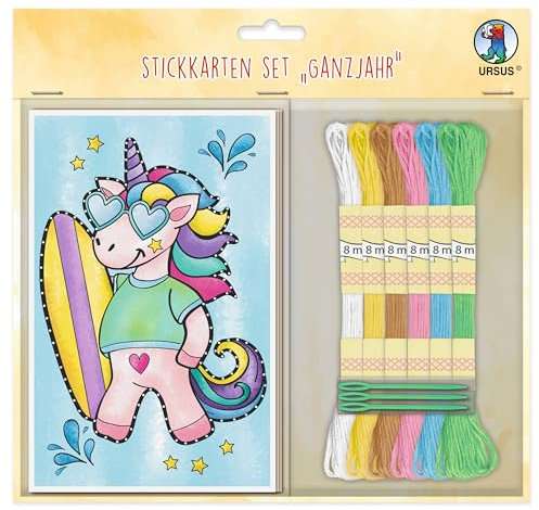 Ursus 3070099F - Stickkarten Set, Ganzjahr, Sortiert Bunt, ca. 11 x 17 cm, zum Besticken von 10 bunten Motivkarten 250 g/m², mit 6 Docken Stickgarn in verschiedenen Farben und 3 Sticknadeln