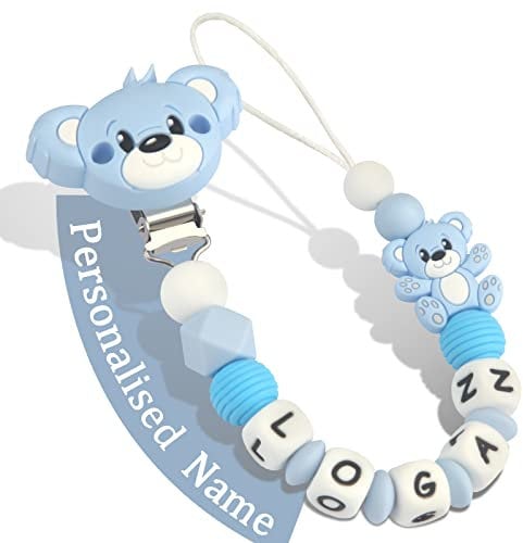 Yolnkos Schnullerkette mit Namen Jungen Mädchen Personalisiert Schnullerclip Teddy Bär(Hellblau)