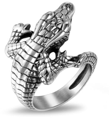 Ring Edelstahl Herren, Männer Ring aus Edelstahl Weinlese-Krokodil-Muster-Ring 19.6MM, Silber, Größe 57 (18.1)