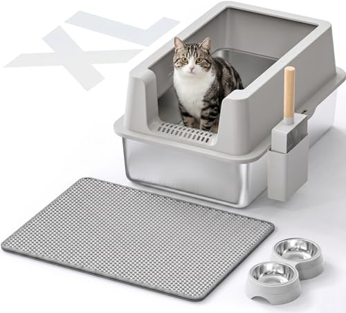 Stainless Steel Cat Litter Box - Enclosed Litter Box with Lid XL Extra Large Metal Litter Box for Big Cats, High Sided Kitty Litter Box Anti-Leakage, Easy Cleaning, Non-Sticky, Included Spoon & Aisle