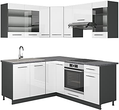 Vicco Eckküche Fame-Line, Weiß Hochglanz/Anthrazit, 190 x 160 cm | 10 Module · Höhenverstellbare Füße · AP Anthrazit inkl. · MDF-Fronten · Softclose · Metallgriffe