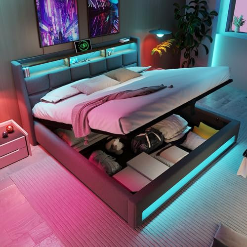 Bett 180x200 mit LED und USB, Polsterbett 180x200cm, Doppelbett mit Stauraum und Lattenrost, LED Kopfteil mit USB Ladefunktion, Stauraumbett Funktionsbetten Rückenlehne Bettgestell, Leinen -Grau