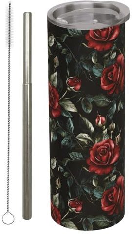 amepay Dark Red Rose Stainless Steel Insulated Tumbler with Lid and Straw - 20oz Gothic Floral Travel Mug, Reusable Metal Straw & Brush, Double-Wall Vacuum Bottle Cup for Hot and Cold Drinks,Gifts