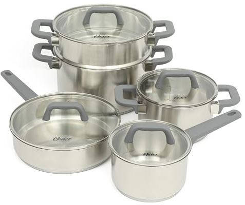 Oster Beauford 9-Piece Stainless Steel 5-Ply Encapsulated Base Cookware Set – Non-Toxic, Induction Compatible Pots and Pans with Stay-Cool Handles – Dishwasher Safe