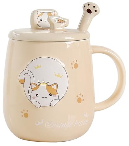Huiyiwert Süße Katzentasse mit Deckel und Löffel Niedliche Keramik Kaffeetasse Lustige Tasse mit 3D Katzenmotiv 480ml Kakaobecher Milchbecher Geschenk für Frauen Mädchen Freundin (Gelb)