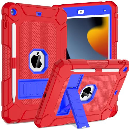 TOPWANT Case for iPad 9th 8th 7th Generation (10.2 inch, 2021/2020/2019), Shockproof Protective iPad 10.2 Case with Built-in Stand/Pencil Holder, Red+Blue