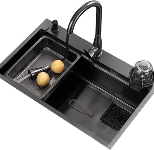Évier De Cuisine en Acier Inoxydable Noir avec Accessoires Complets Robinet Extractible Évier Simple Noir avec Rince-Verres(65x45x22cm)